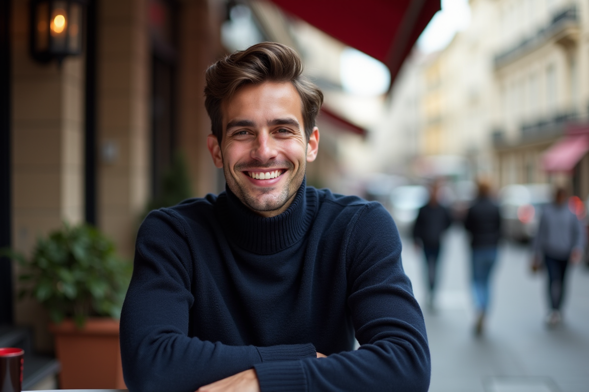 Jeune homme souriant portant rouge à lèvres dans un café urbain