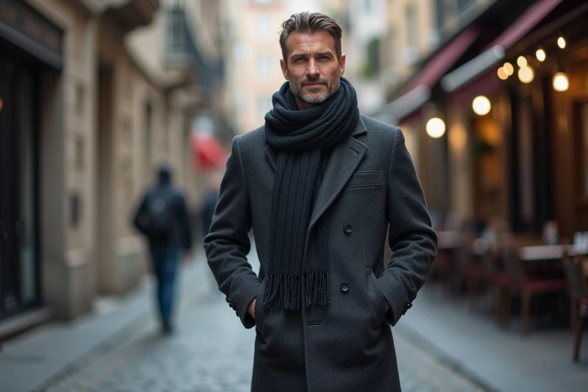 Homme en manteau cintré avec un grand cheche en laine grise drapé autour du cou dans une rue pavée de ville, style hivernal élégant