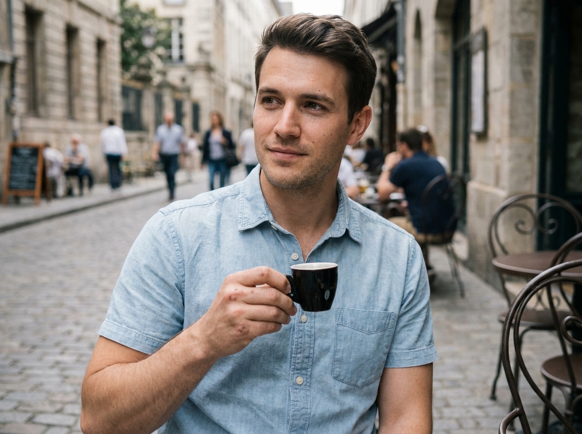 Homme en chemise légère bleue chambray assis en terrasse de café par temps chaud