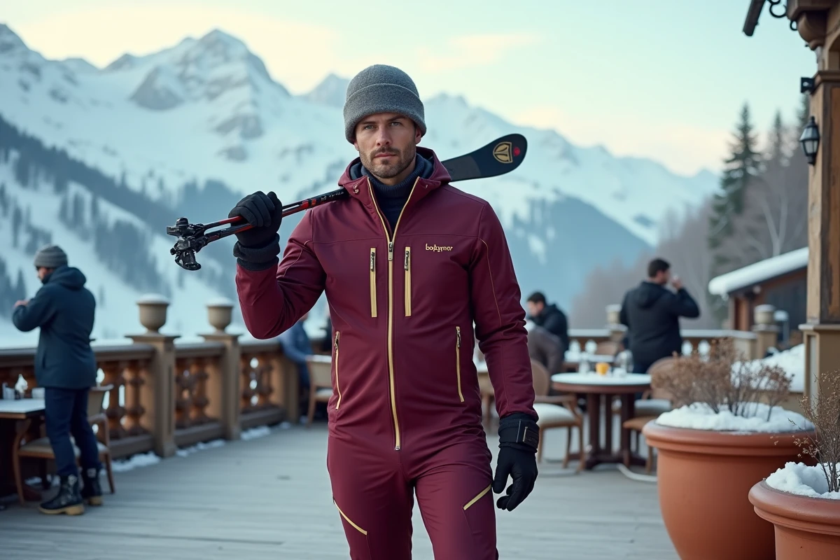Homme en combinaison de ski Bogner bordeaux sur une terrasse de restaurant d'altitude avec vue panoramique sur les sommets enneigés