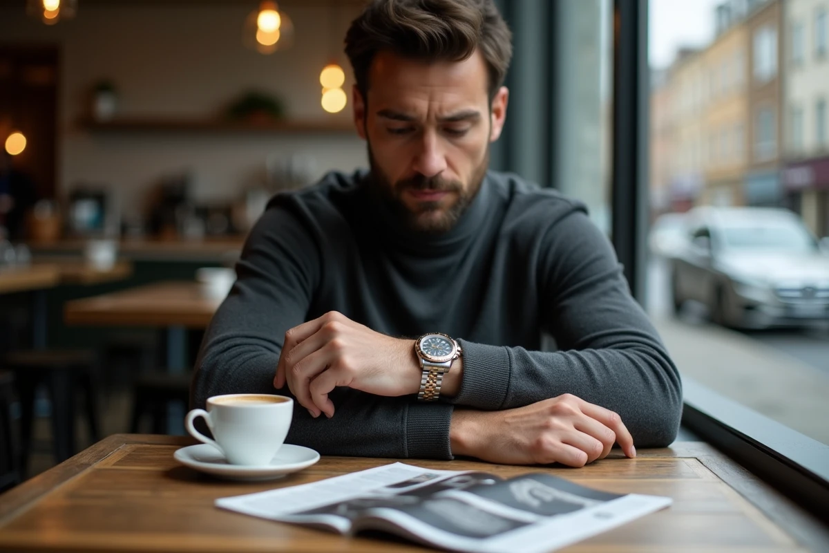Homme consultant sa montre Rolex Daytona dans un café urbain moderne