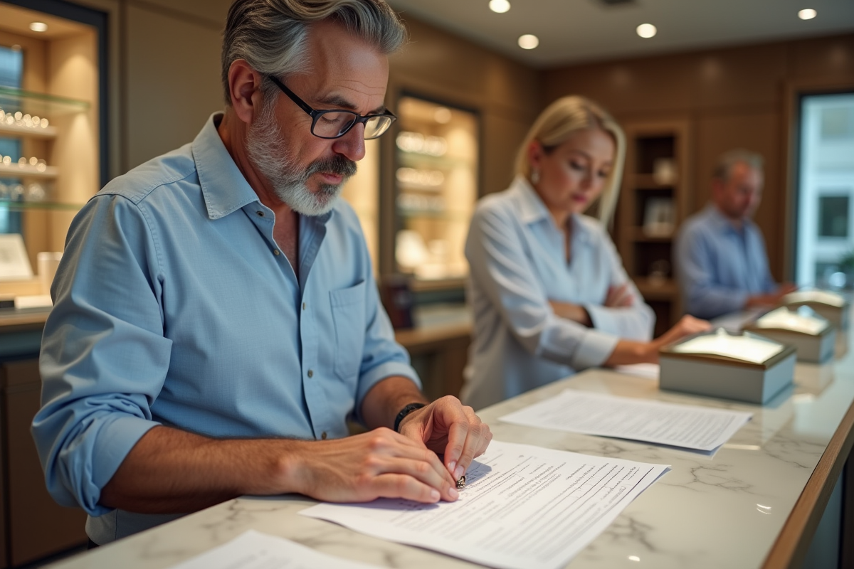 Homme essayant une bague dans une boutique élégante