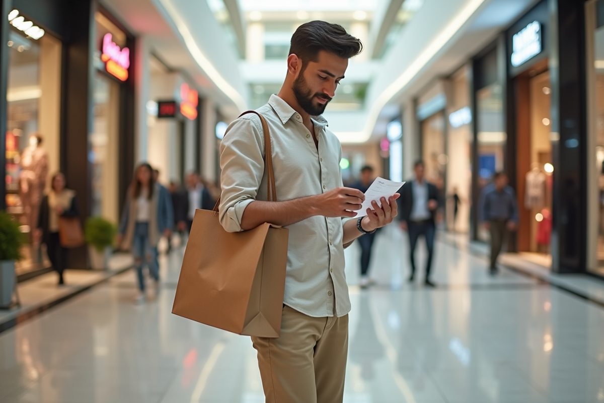 Jeune homme avec sac de shopping regarde son reçu dans un centre commercial