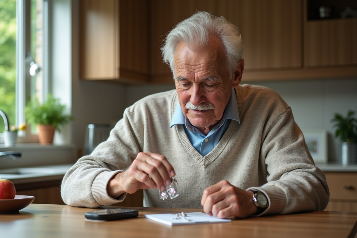 Homme âgé compare deux broches de famille dans sa cuisine