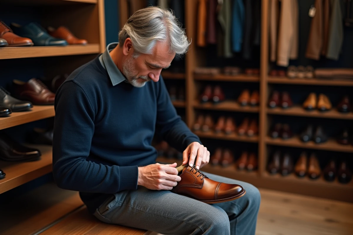 Homme insérant une forme à chaussures en bois dans un Derby en cuir marron dans un dressing bien organisé
