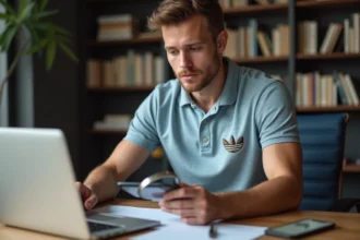 Jeune homme examine le logo brode sur son polo