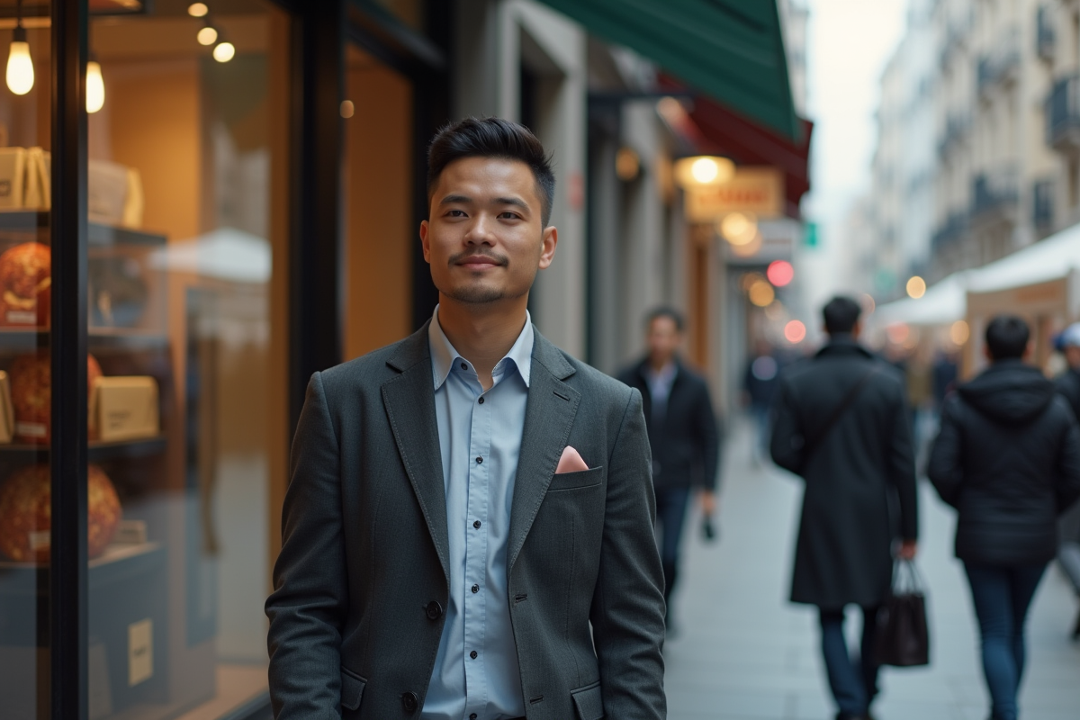 Homme marchant dans une rue urbaine animée