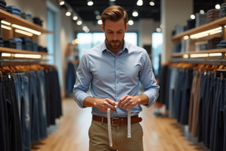Homme mesurant sa taille avec un ruban dans un magasin de vêtements