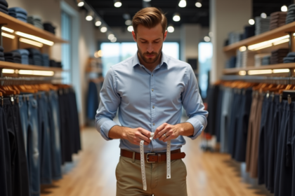 Homme mesurant sa taille avec un ruban dans un magasin de vêtements