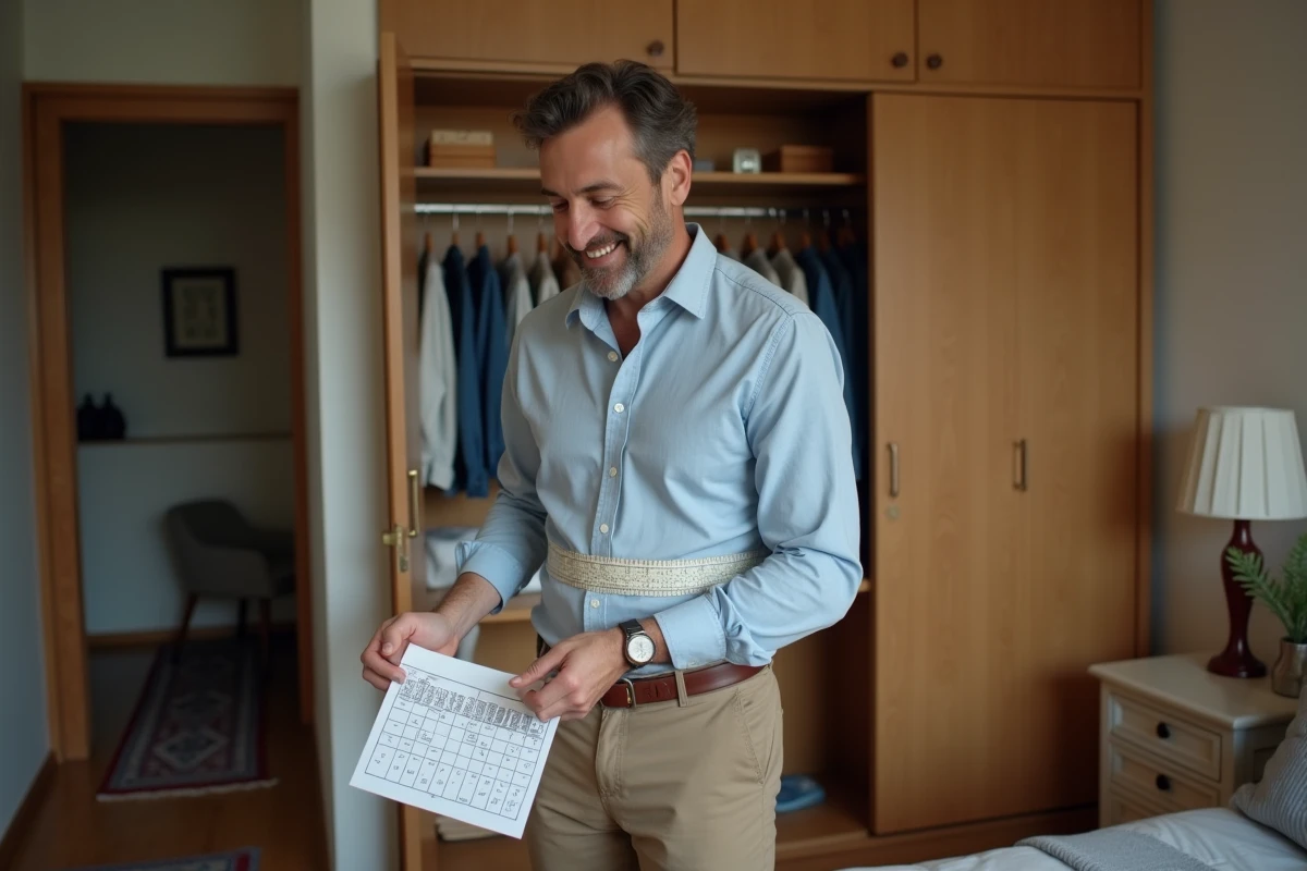 Homme mesure sa taille avec un ruban à la maison