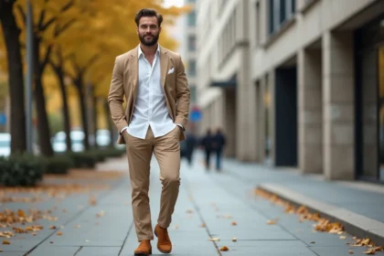 Homme élégant marche dans une ville automnale avec chaussures babouche
