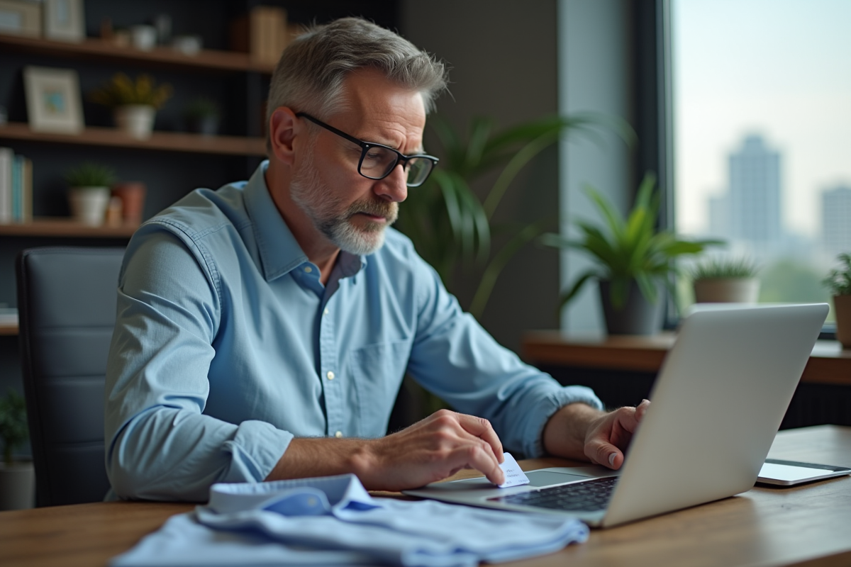 Homme compare deux chemises sur son bureau dans un bureau moderne