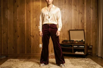 Homme en pantalon patte d'éléphant velours bordeaux avec chemise satin et boots plateformes pour une soirée années 70
