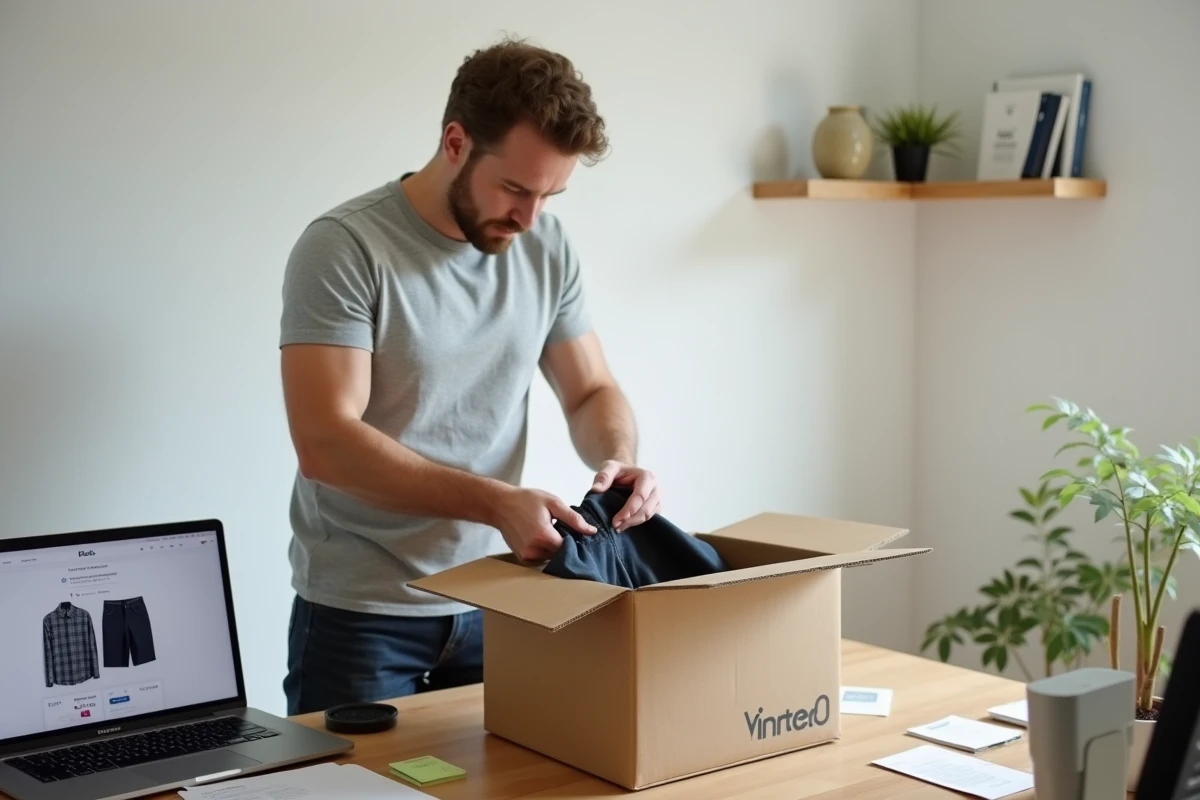 Homme préparant un colis d'envoi Vinted sur son bureau avec un ordinateur affichant le site et une étiquette d'expédition, pour illustrer les offres de livraison gratuite