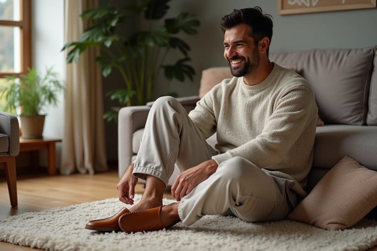 Homme détendu portant babouches en cuir dans un salon moderne