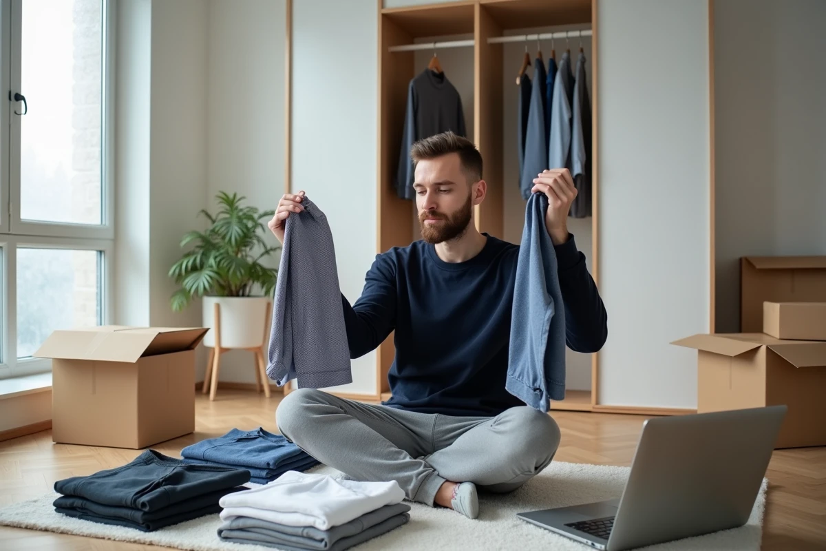 Homme comparant des vêtements achetés en ligne lors d'une période de déstockage depuis son appartement