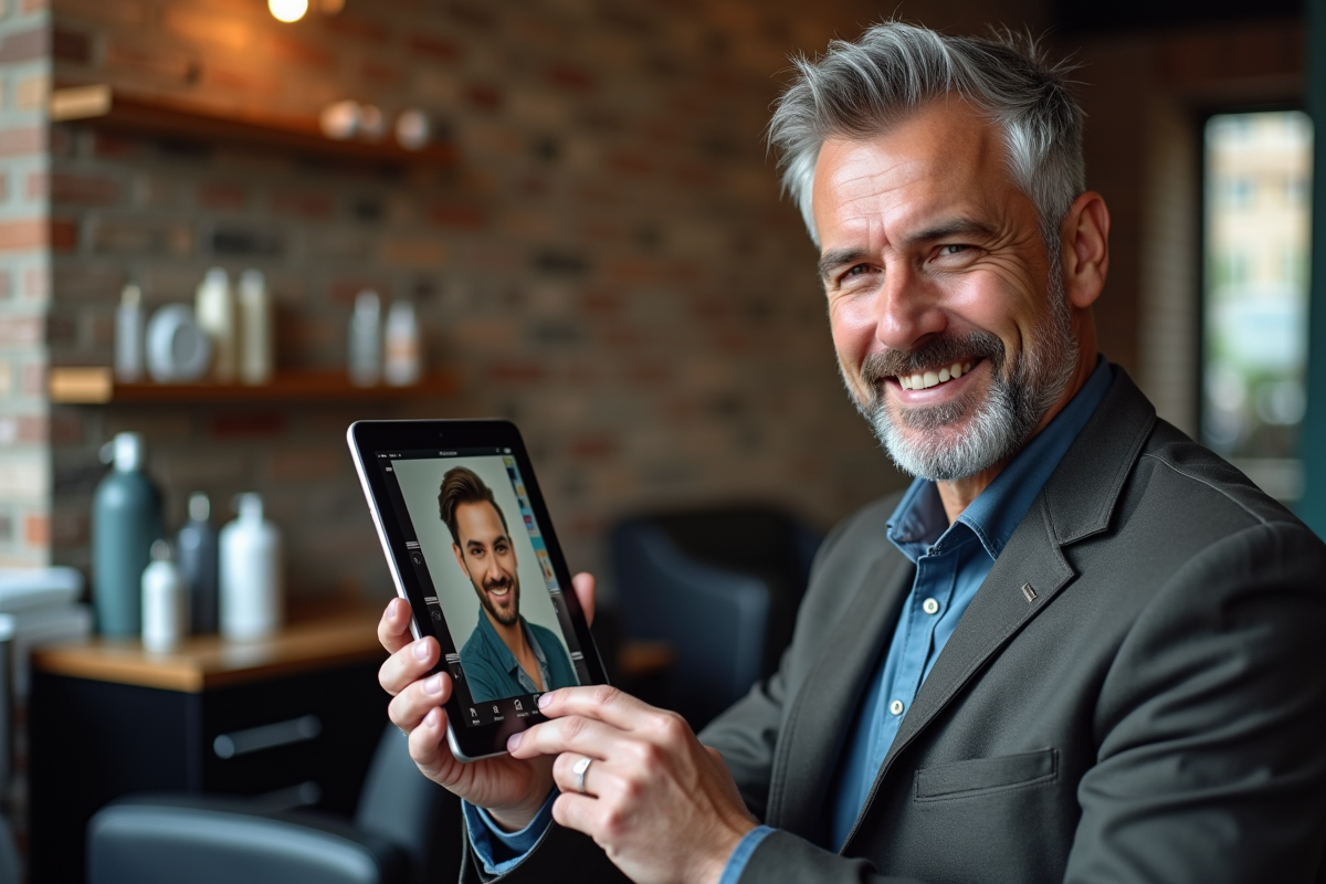 Homme utilisant une tablette pour tester couleurs de cheveux en salon