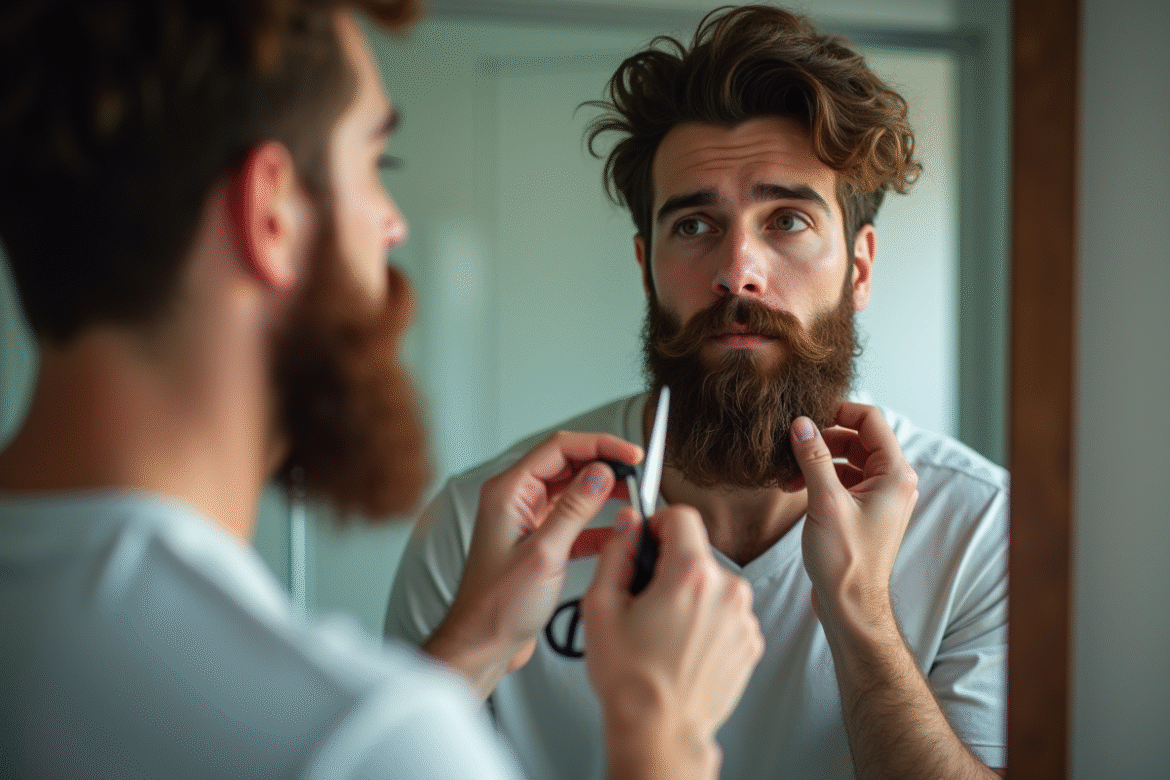 Homme barbu se rasant devant un miroir en lumière naturelle