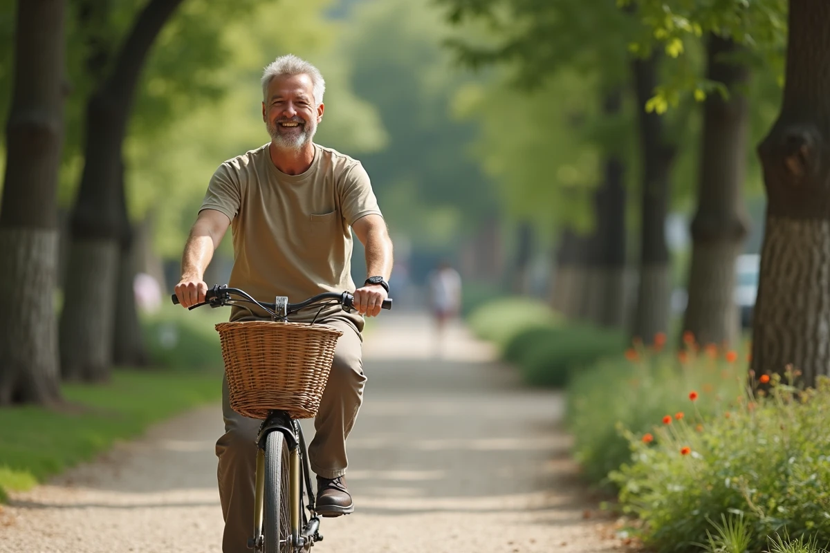 Homme à vélo dans un parc urbain avec arbres et jardins
