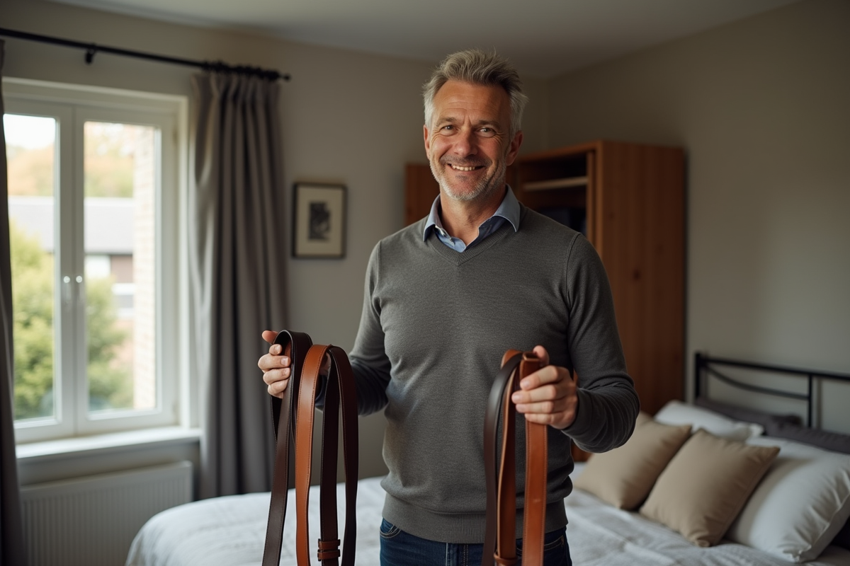 Homme comparant des ceintures dans une chambre à la maison