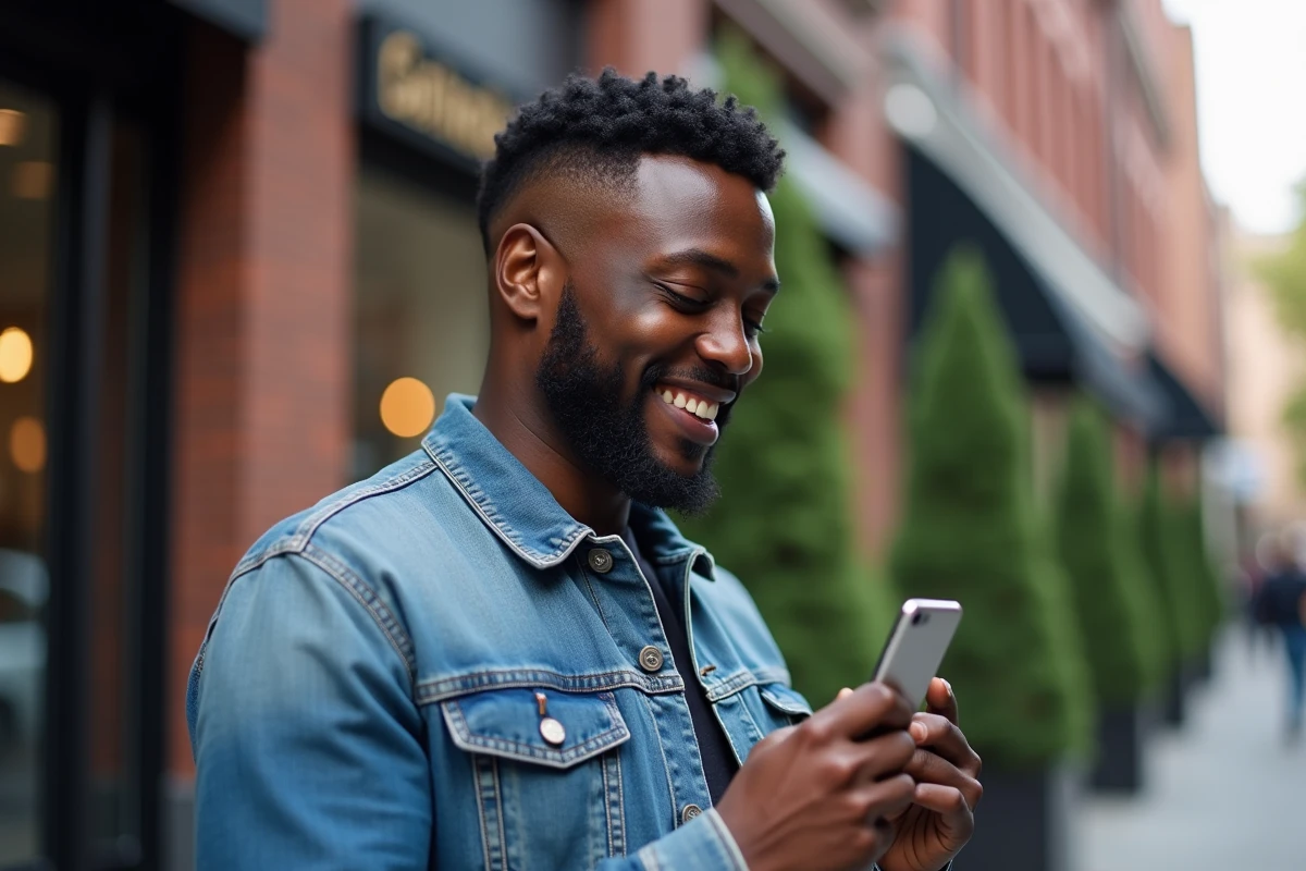 Homme noir vérifiant sa coupe en ville avec miroir