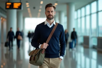 Homme en voyage avec sac messager dans un aéroport moderne