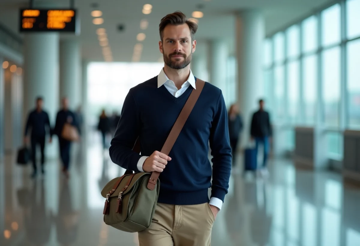 Homme en voyage avec sac messager dans un aéroport moderne