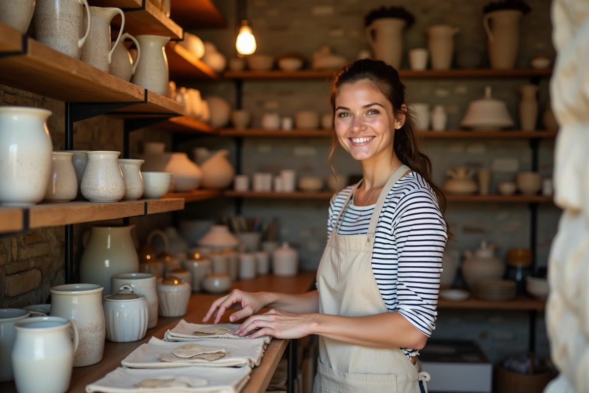 Vendeuse arrangeant des produits artisanaux sur des étagères en bois à l'intérieur de la boutique Pilou Givors