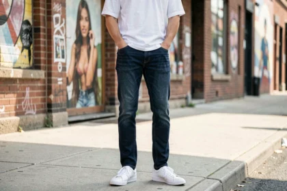 Homme en jean slim droit indigo et t-shirt blanc dans une rue urbaine avec murs en briques, tenue streetwear valorisant la silhouette