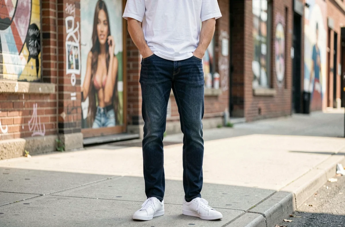 Homme en jean slim droit indigo et t-shirt blanc dans une rue urbaine avec murs en briques, tenue streetwear valorisant la silhouette