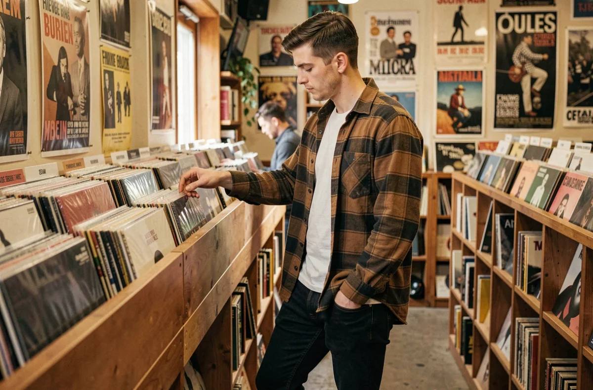Jeune homme en jean raw denim noir effilé et chemise flanelle dans un magasin de vinyles vintage, style streetwear sophistiqué pour morphologie mince