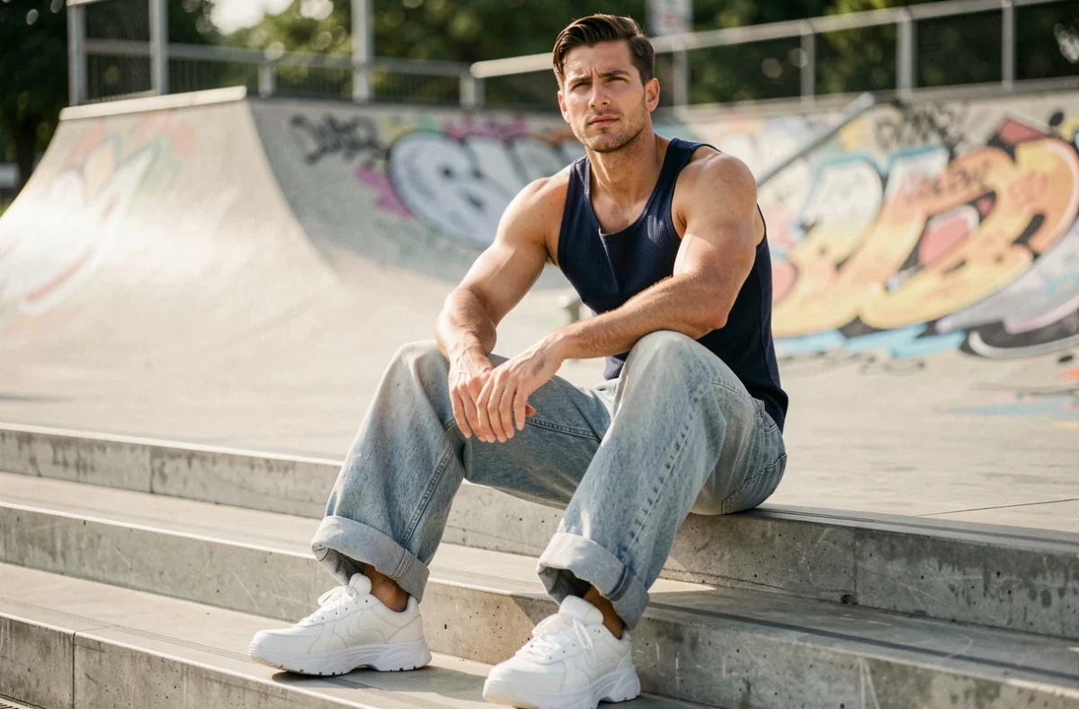 Homme musclé en jean large taille haute light wash assis sur des marches de skatepark, look streetwear décontracté mettant en valeur la morphologie athlétique