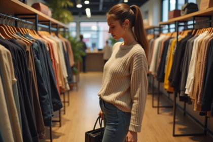 Jeune femme dans une boutique de vêtements casuals