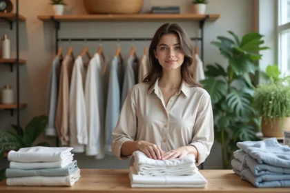 Jeune femme en boutique modeste et contemporaine en train de plier des vêtements