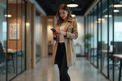 Jeune femme dans un bureau moderne utilisant son smartphone