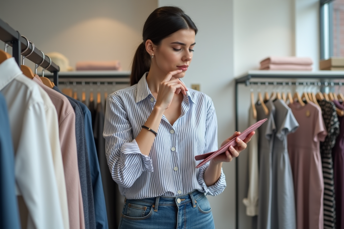 Jeune femme compare deux étiquettes de prix dans une boutique de mode
