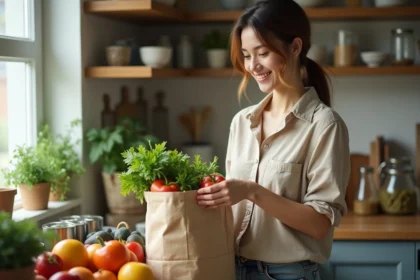 Jeune femme avec sacs de courses remplis de fruits et légumes