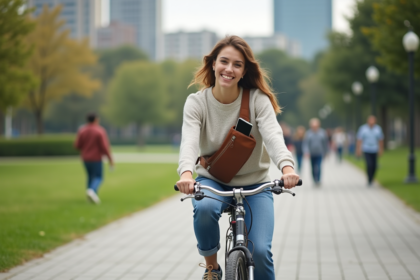 Jeune femme à vélo dans un parc urbain dynamique