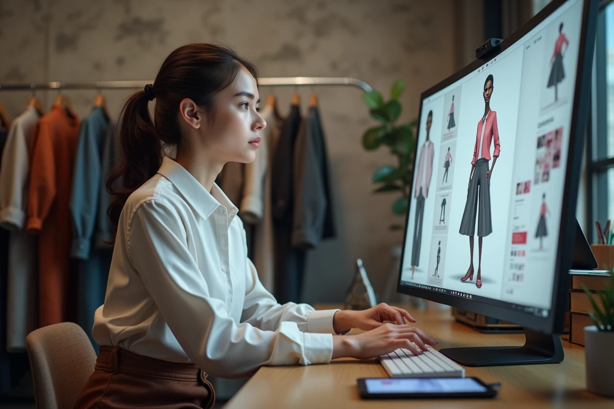 Jeune femme en blouse et pantalons hautwaisted travaillant sur un prototype 3D de mode