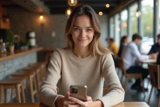 Jeune femme avec iPhone 15 Pro dans un café moderne