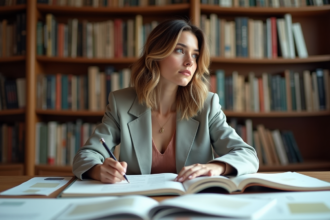 Jeune femme en étude mode dans une bibliothèque élégante