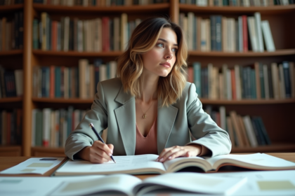 Jeune femme en étude mode dans une bibliothèque élégante
