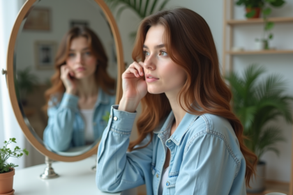 Jeune femme regardant son reflet avec simulation de couleur de cheveux