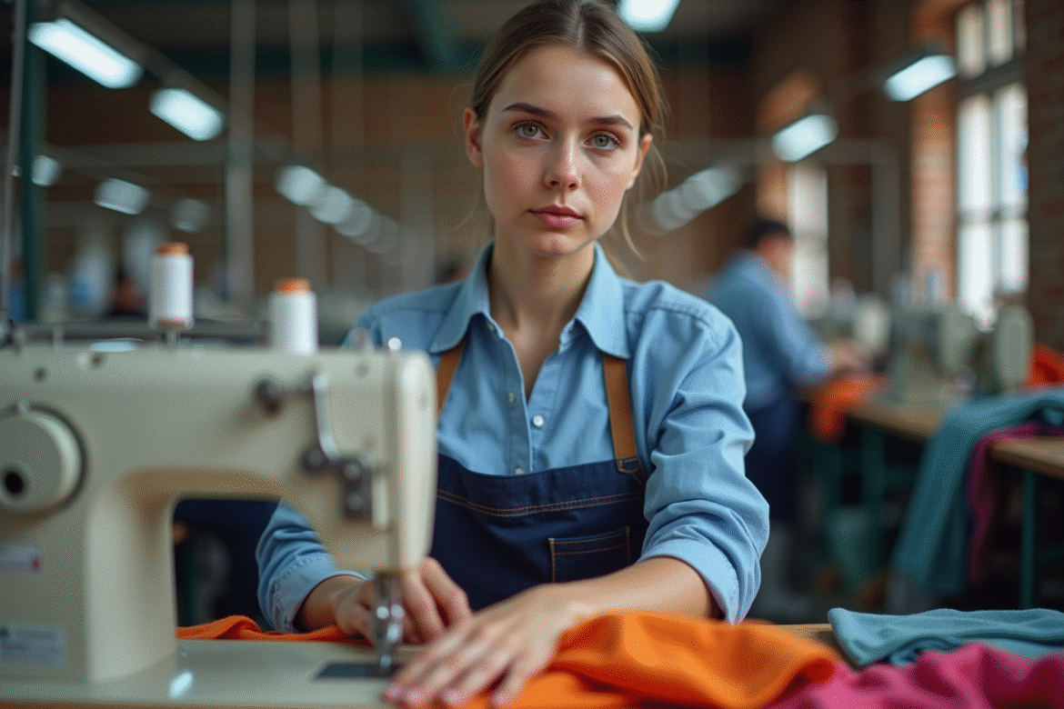 Jeune ouvrière textile concentrée à la machine à coudre