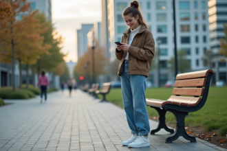 Jeune femme en streetwear moderne dans un parc urbain