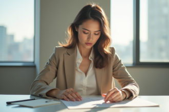 Femme en costume beige examine des contrats dans un bureau lumineux