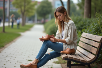 Jeune femme examine des chaussures durables dans un parc urbain