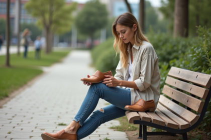 Jeune femme examine des chaussures durables dans un parc urbain