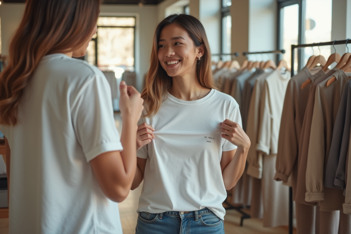 Jeune femme essayant un t-shirt blanc en boutique moderne