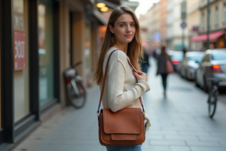 Jeune femme avec sac casual marche en ville en été